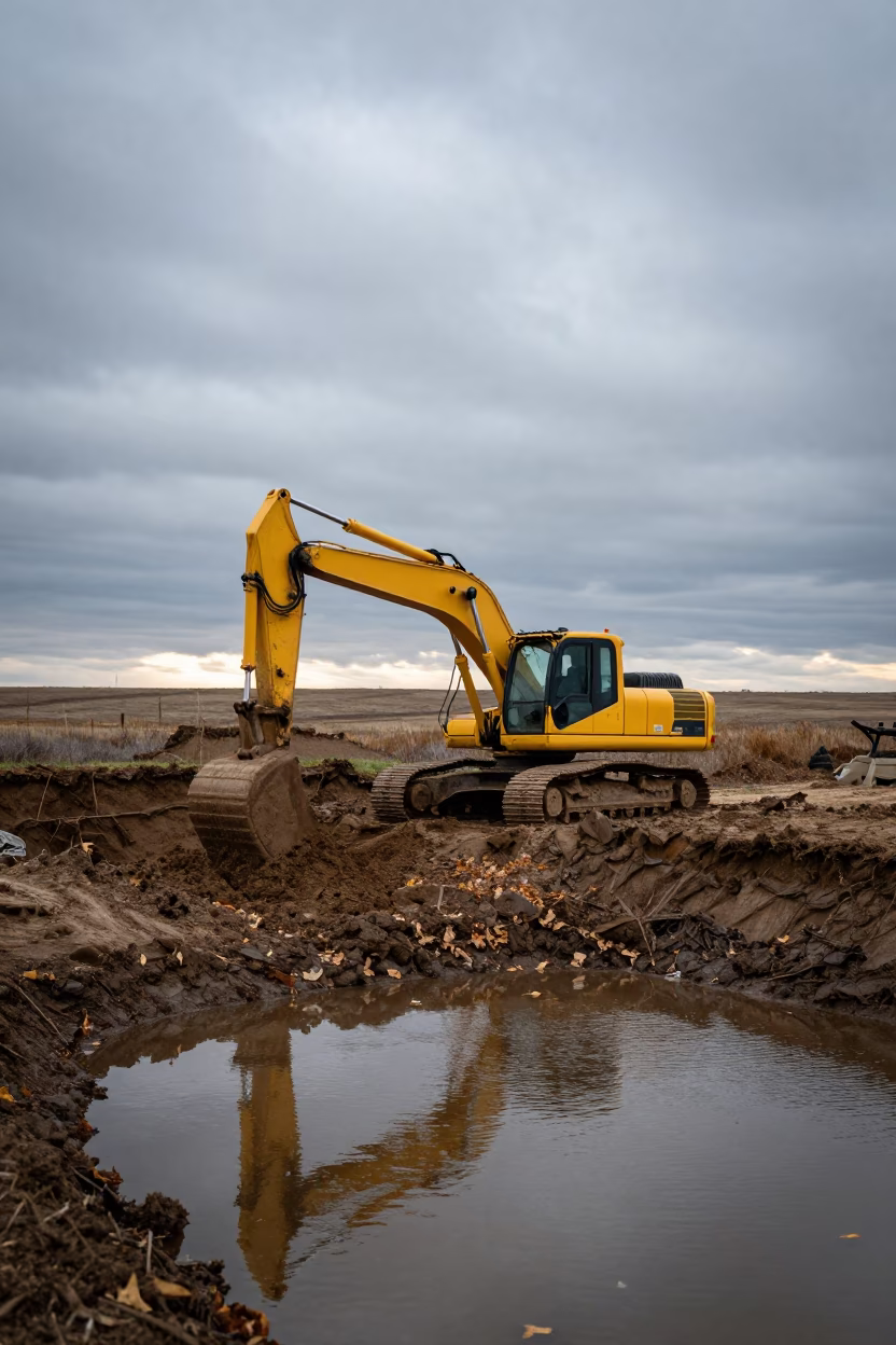 Excavator Digging Foundation in Kansas Early Autumn in in Kansas