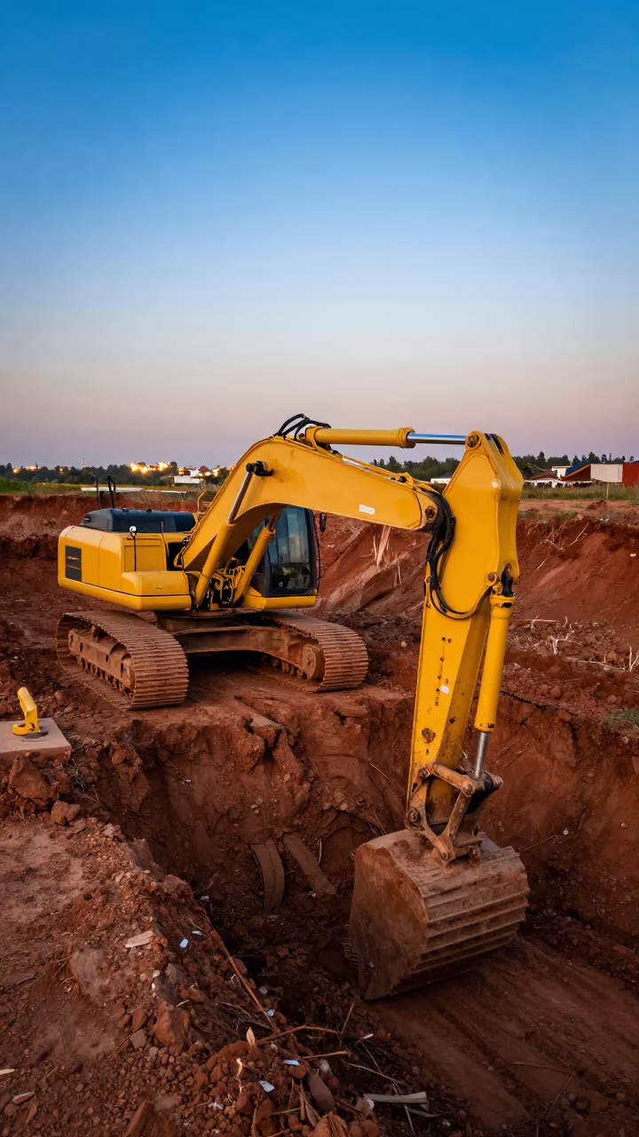Excavator Digging Foundation Trench at Blue Hour in near Urayasu