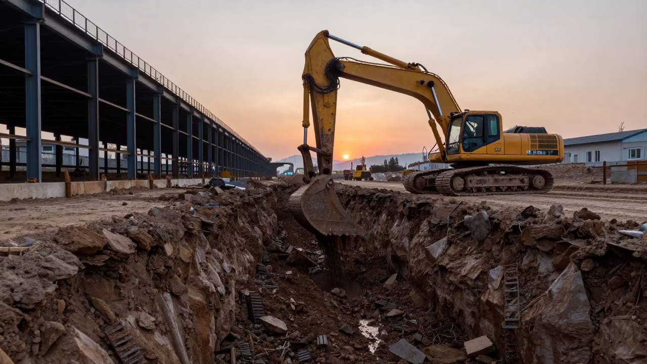 Excavator Digging Foundation Trench Near Trabzon Steel in beside exposed structural steel near Trabzon