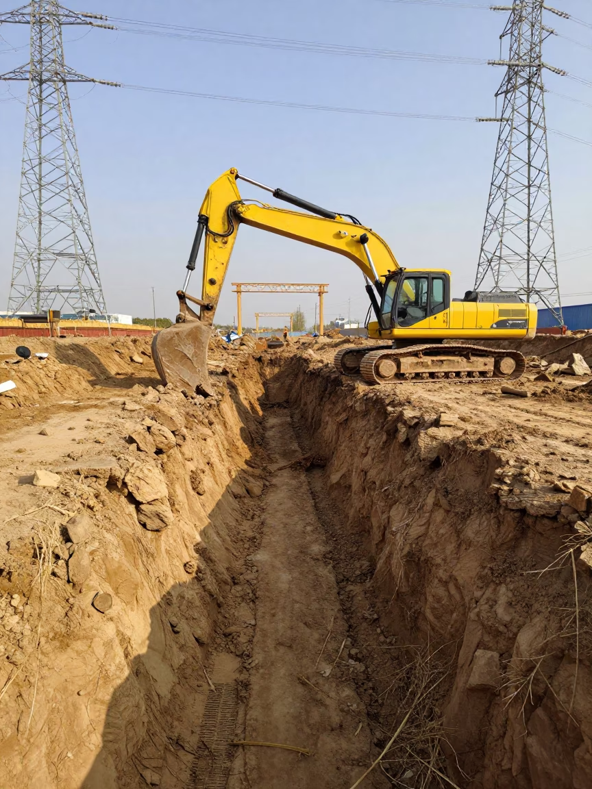 Excavator Digging Trench Under Utility Towers in under gantries and utility towers in Liaoning