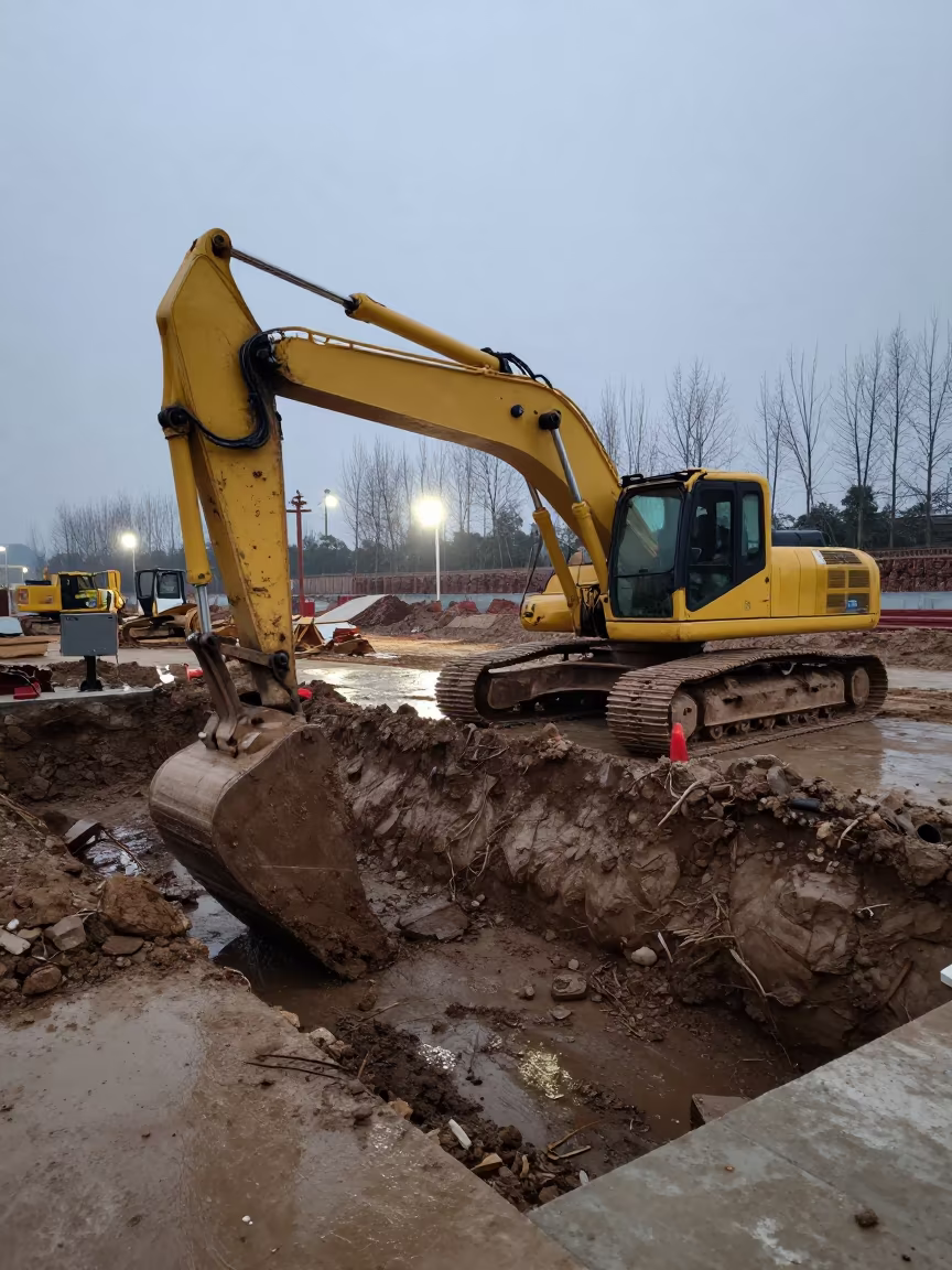 Excavator Digging Winter Trench Before Dawn in in Zhejiang