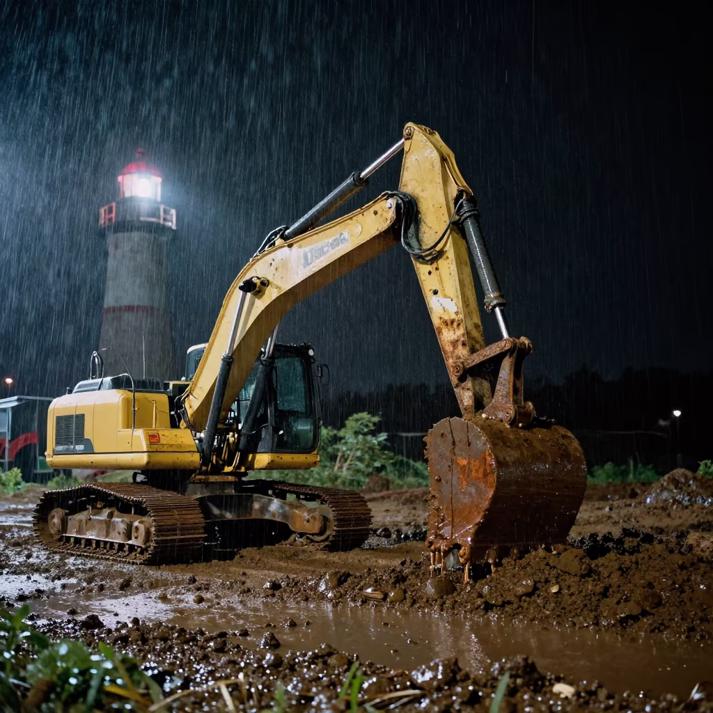 Excavator Dripping Wet Soil Riverbank Night in across an active works site in South Dakota
