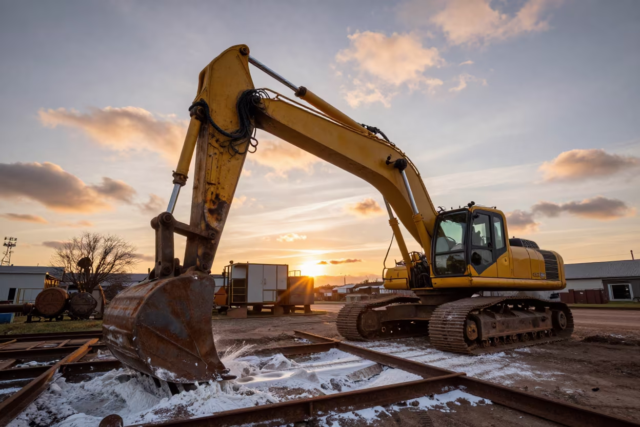 Excavator on Paper Plant Catwalk Sunset in in Alsace