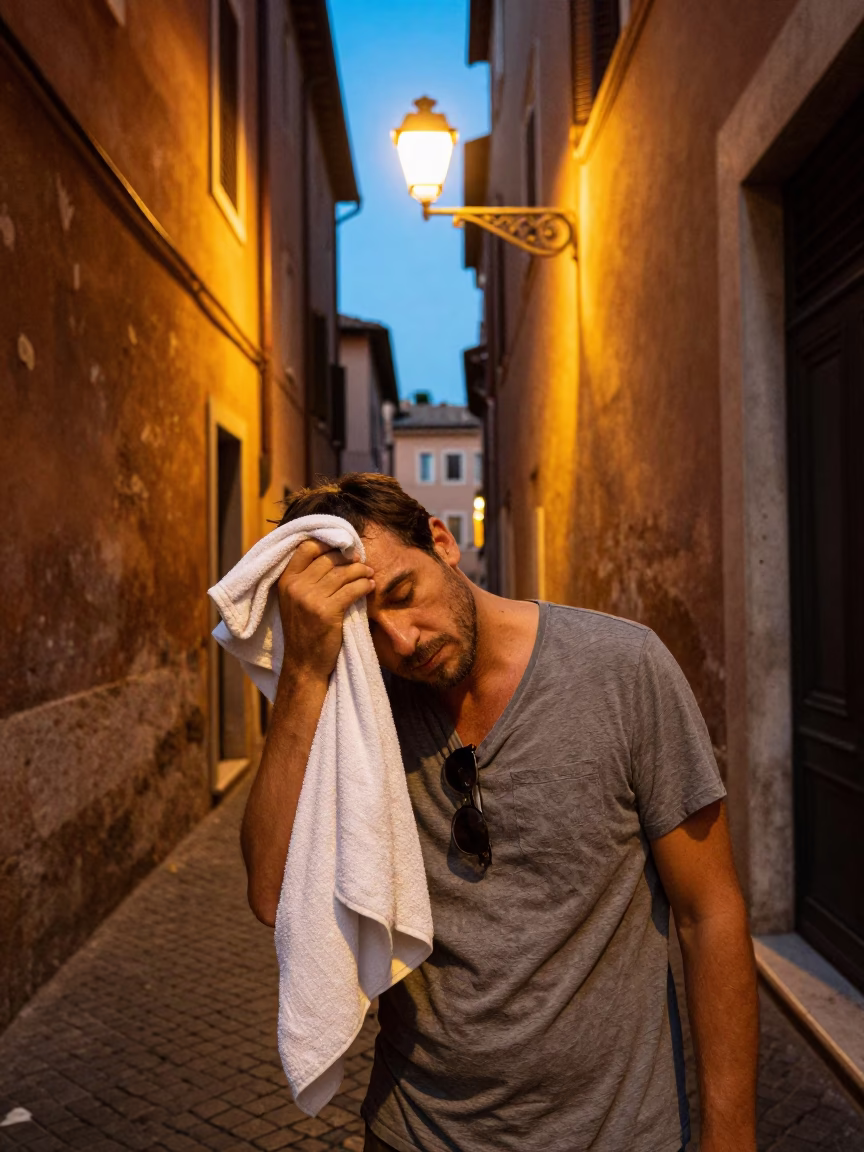 Exhausted Traveler in Rome in in Rome, Italy