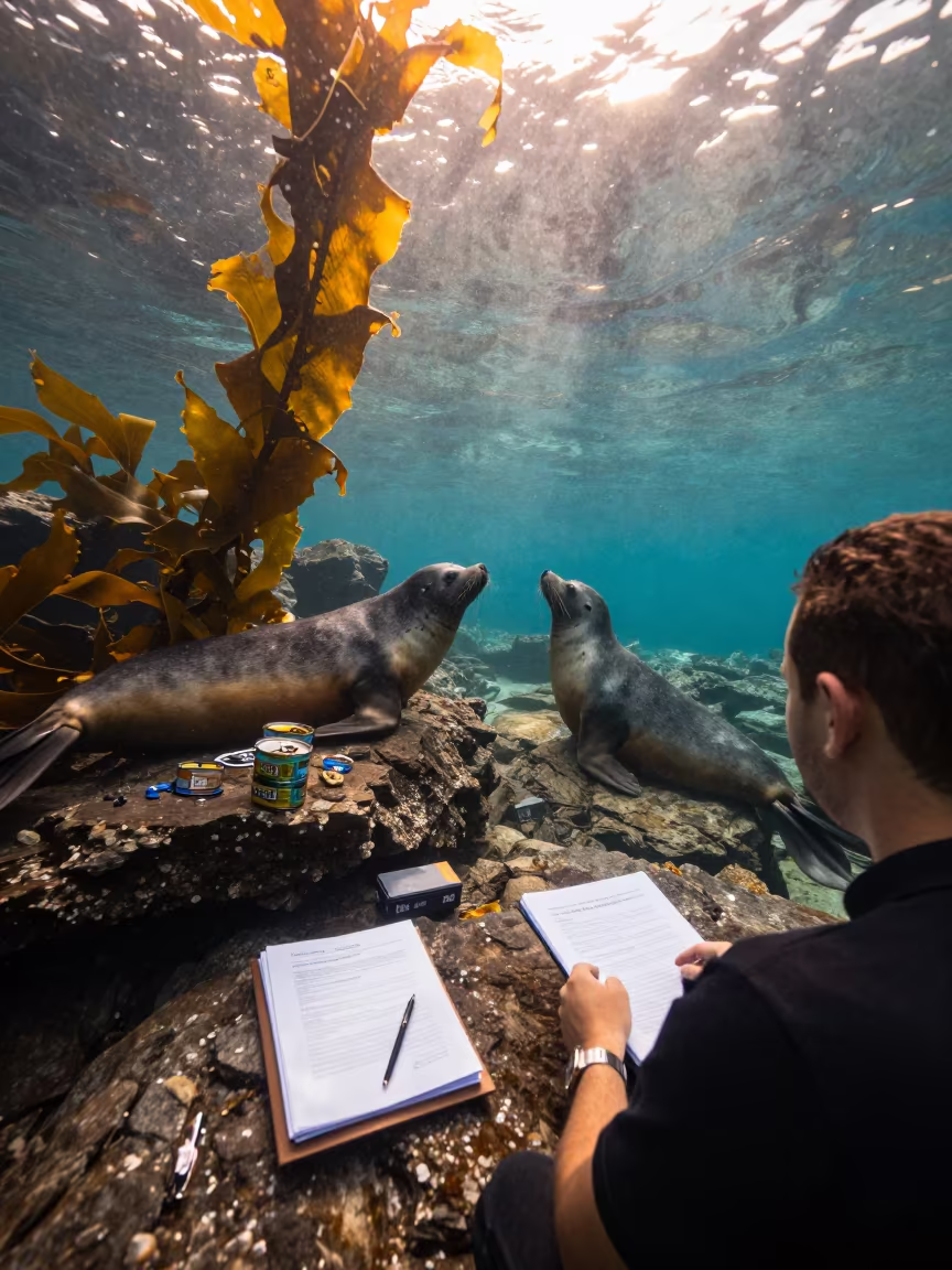 Exit Interview Tin Under Kelp in Sydney Harbor in through kelp fronds beside a rocky shelf in Chippendale, Sydney