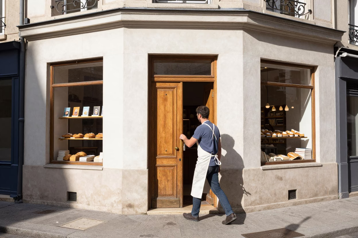 Exiting Bakery in Nice in in Nice, France