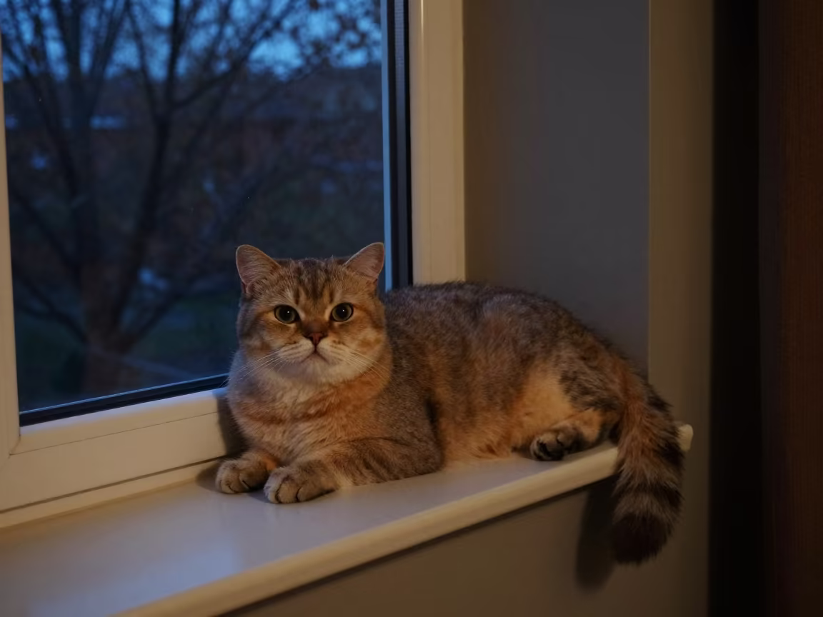 Exotic Shorthair Cat Lounging on Window Seat in on a window seat in a quiet apartment with soft side light near Sylhet