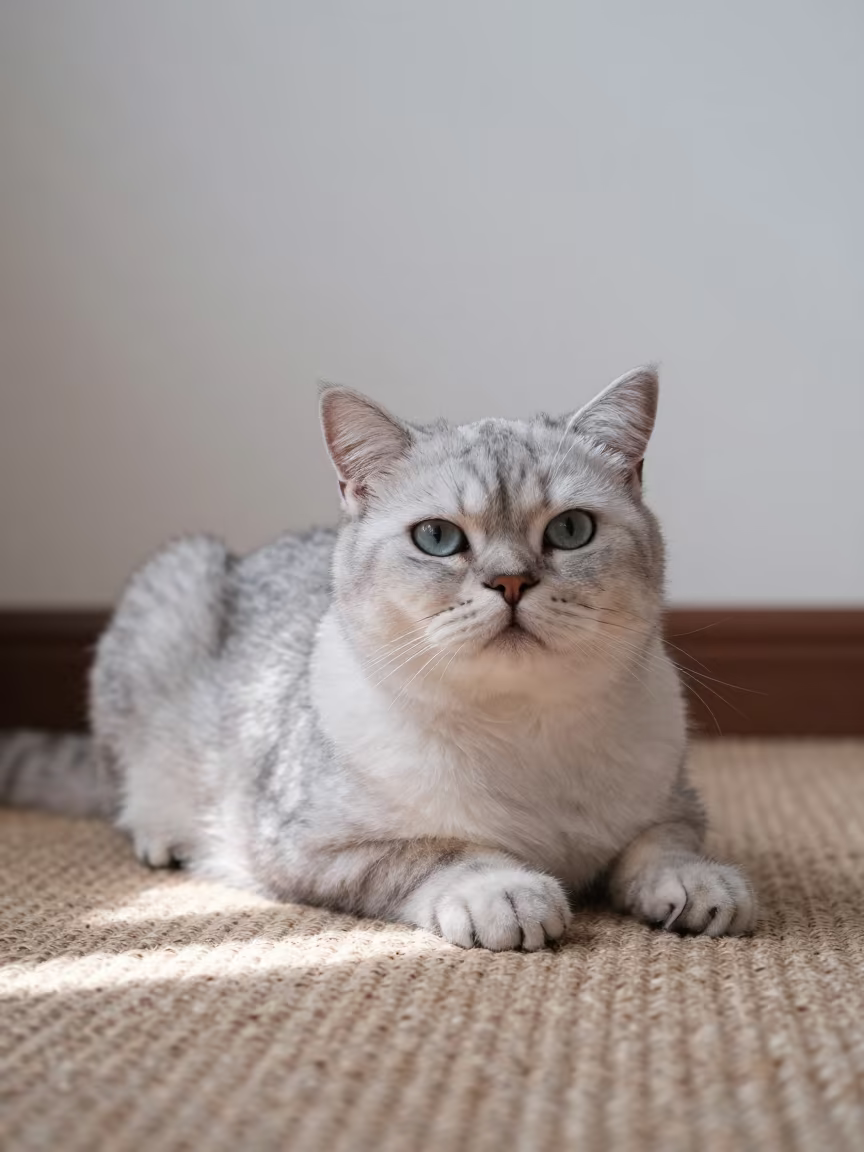 Exotic Shorthair Cat Lounging on Woven Rug in on a woven rug beside a low couch and an uncluttered wall in Atbarah