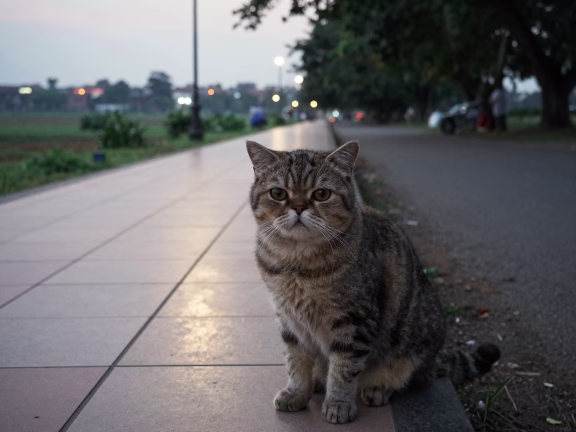 Exotic Shorthair Cat on Munnar Path Edge in along a quiet park path with soft open shade and a clean background in Munnar