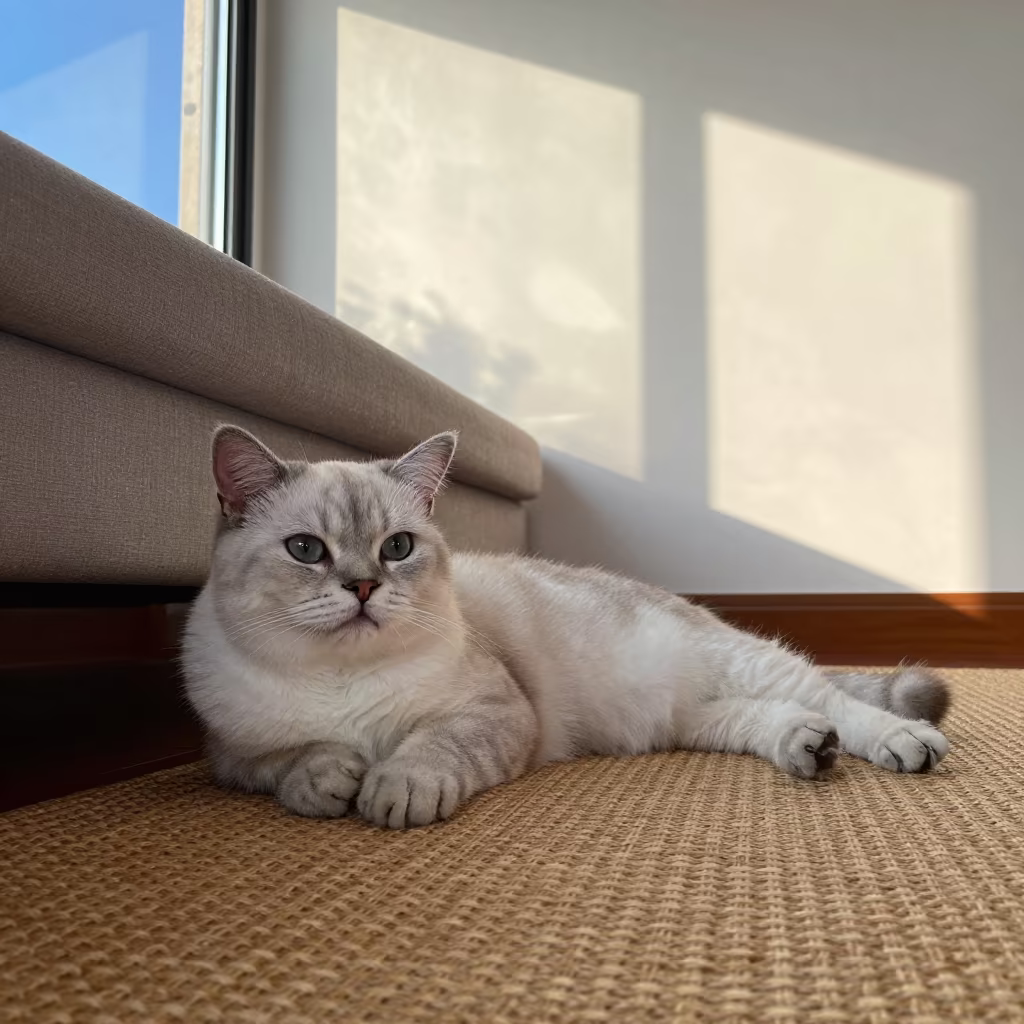 Exotic Shorthair Cat on Rug in Kandahar Home in on a woven rug beside a low couch and an uncluttered wall in Kandahar