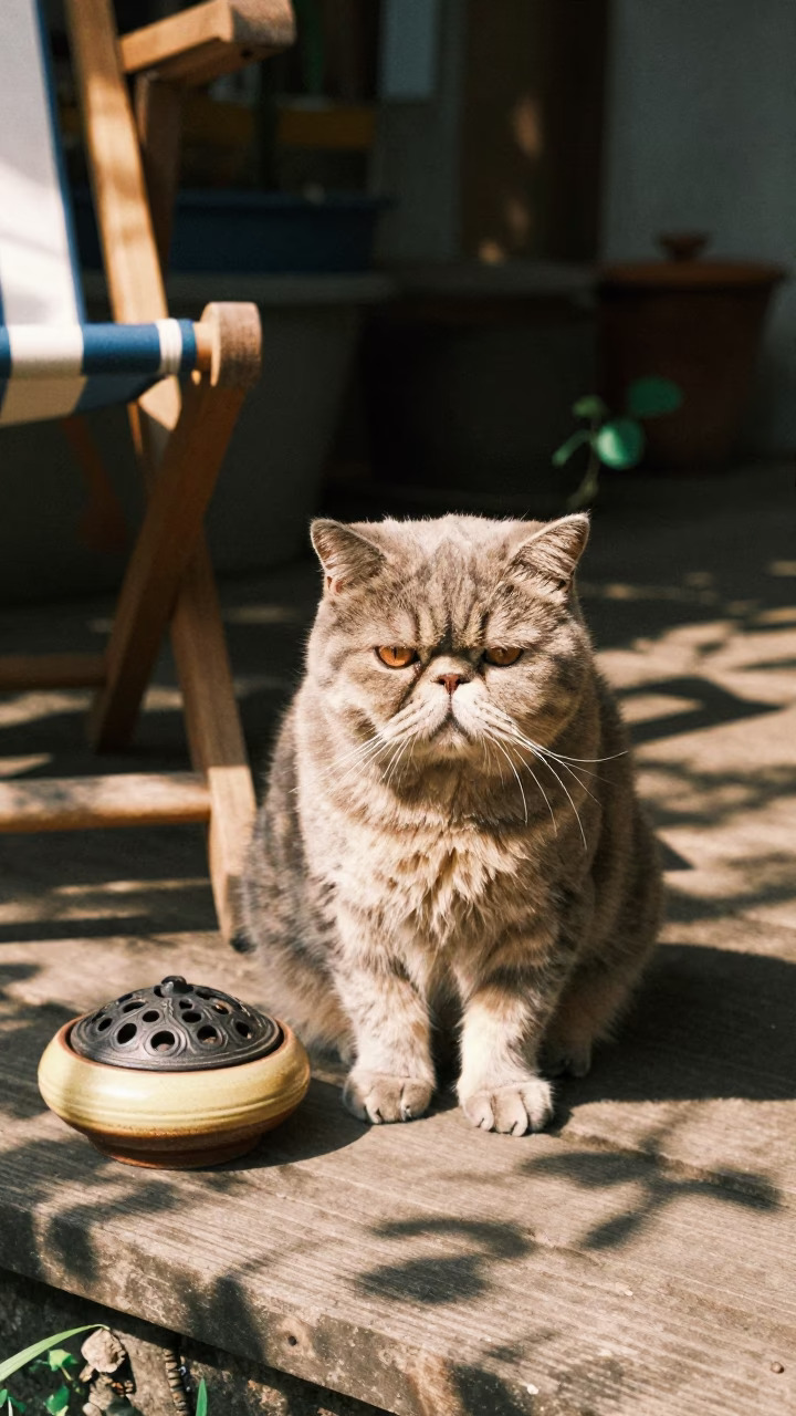 Exotic Shorthair Cat on Soma Porch Ledge in on a shaded front porch with boards, railings, and eye-level framing in Soma