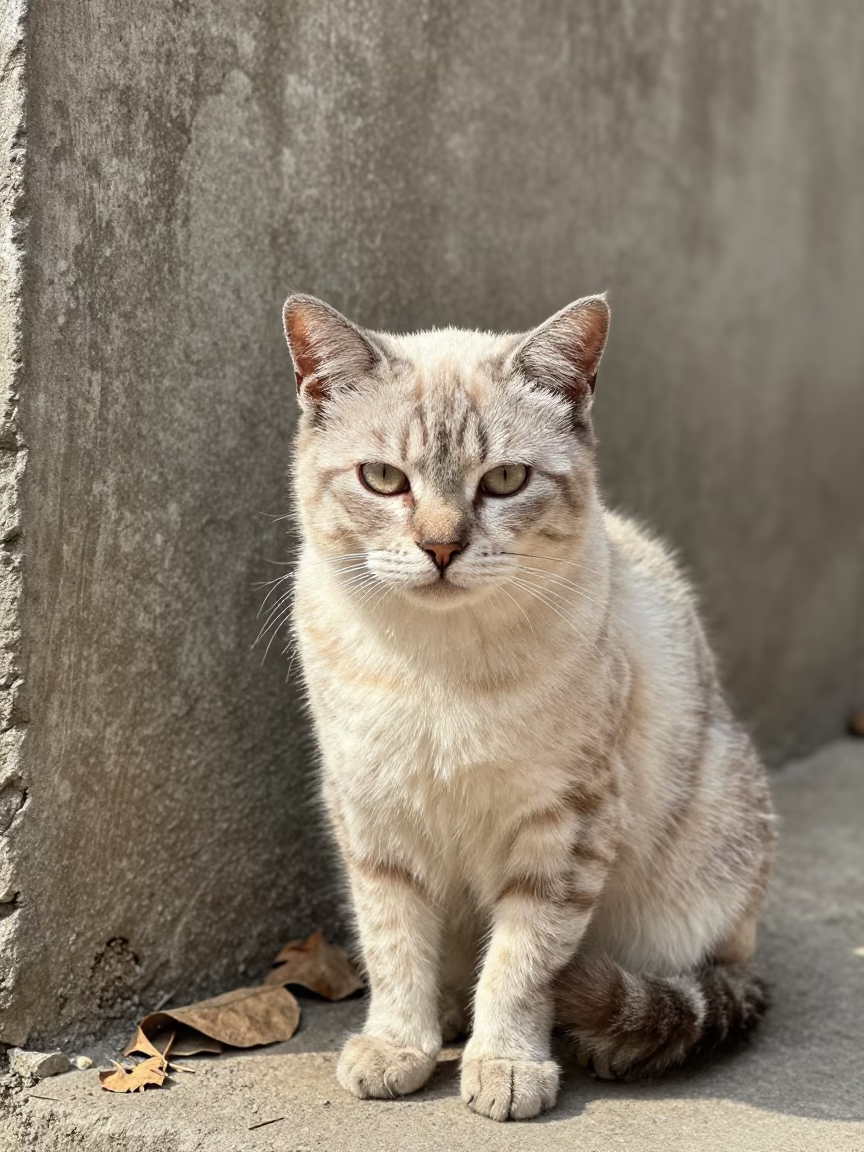 Exotic Shorthair Cat Portrait in Bhiwandi Courtyard in beside a plain courtyard wall in clear daylight with the animal at eye level in Bhiwandi