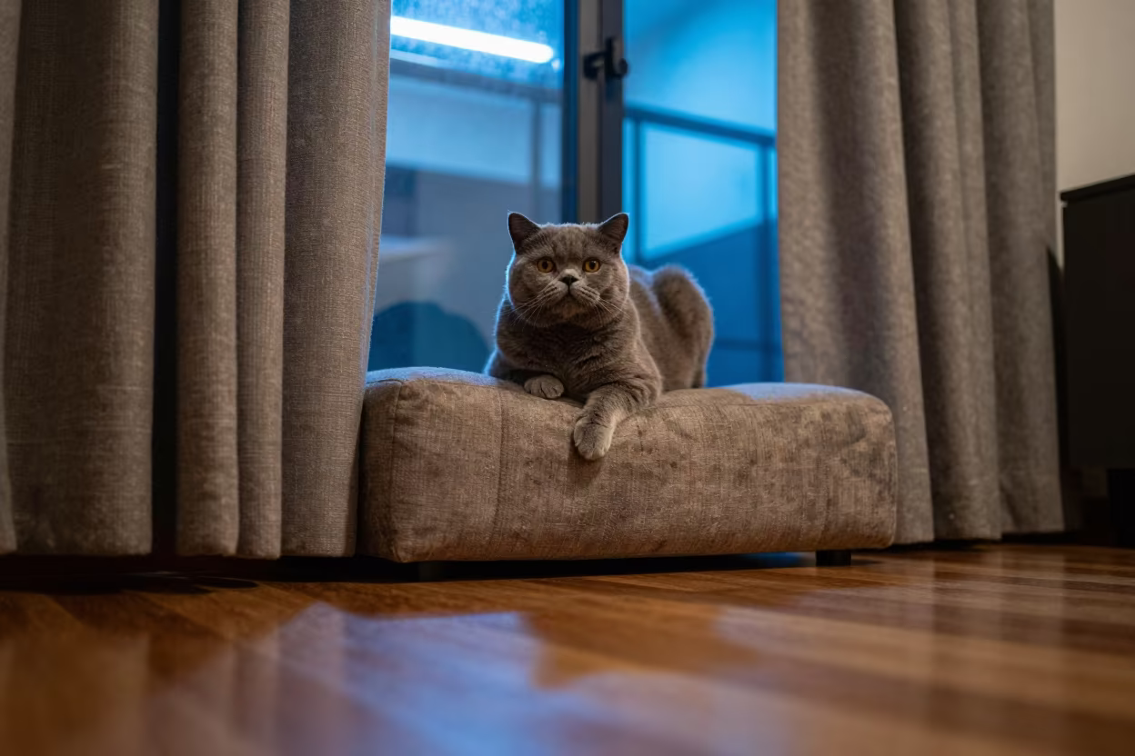 Exotic Shorthair Cat Portrait on Vitarte Sofa in on a sofa near a curtained window with calm indoor light in Vitarte