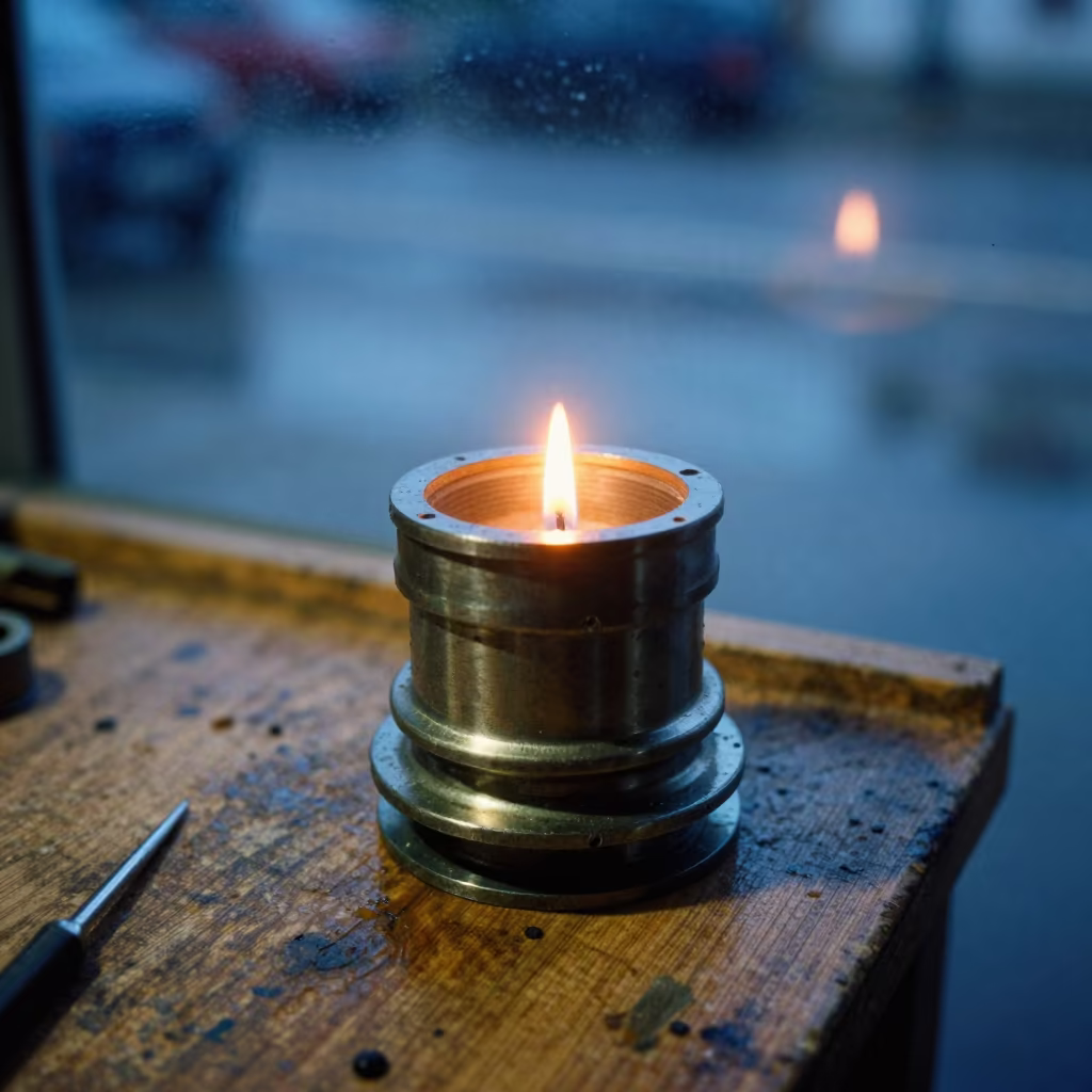 Expansion Joint Cart on Workbench Evening Candlelight in on a wooden workbench near Coimbra