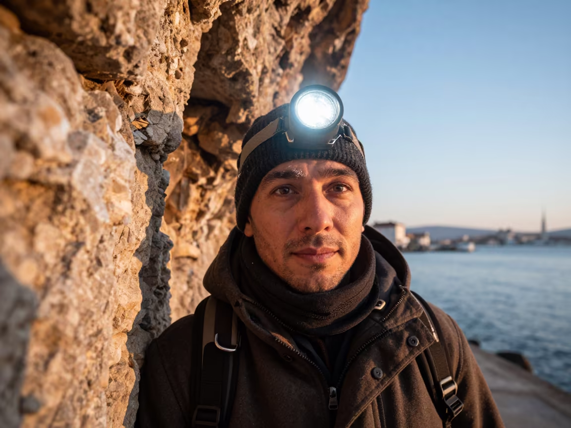 Explorer Face with Headlamp Halo at Sofia Harbor in at a harbor edge in Sofia