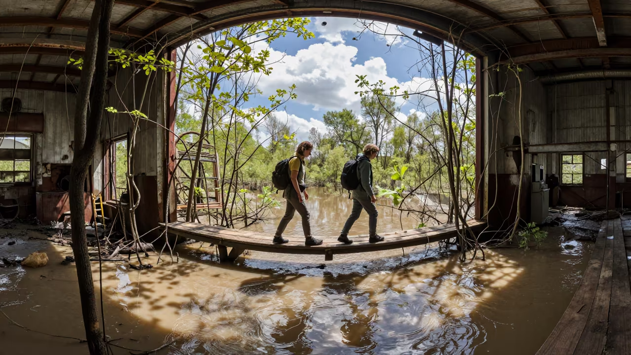 Explorers Cross Flooded Engine Room Plank in along a vine-choked corridor near Nampo