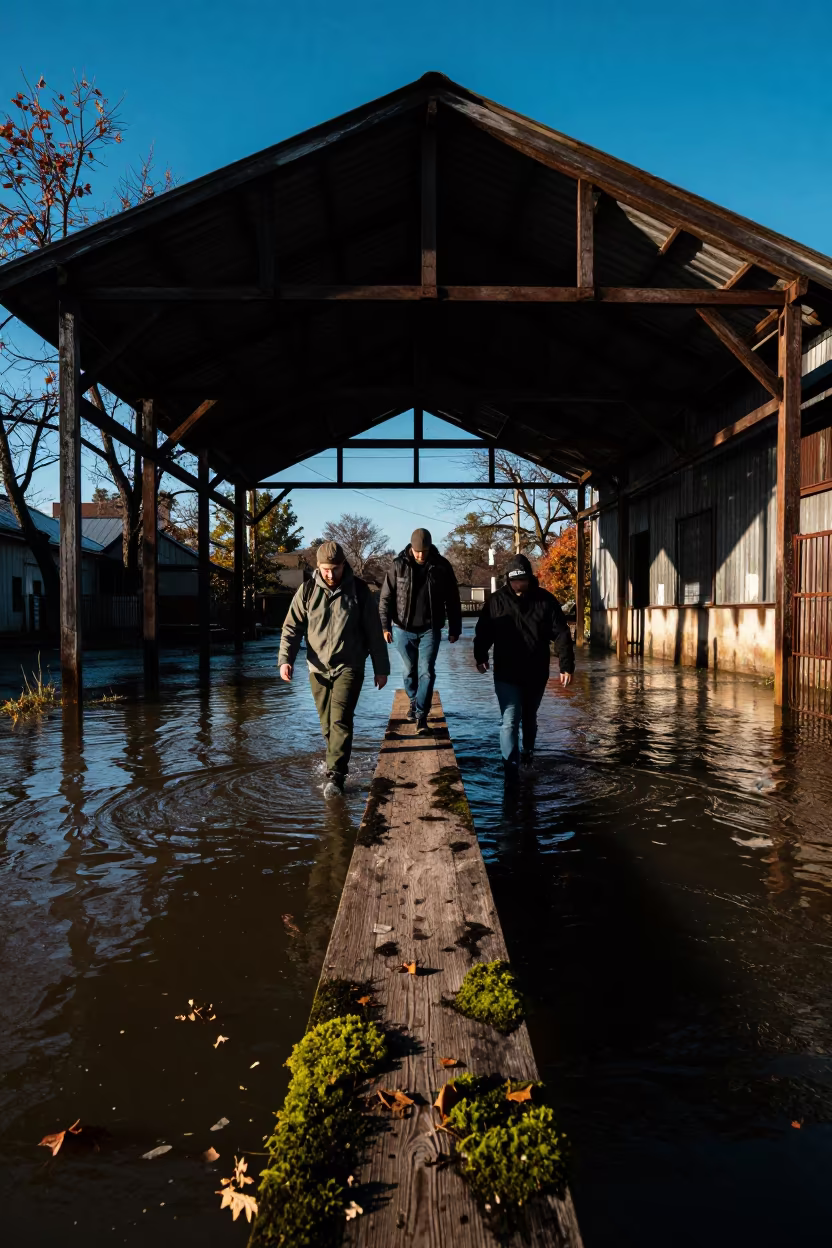 Explorers crossing flooded nave plank at dusk in inside a roofless nave in Oklahoma