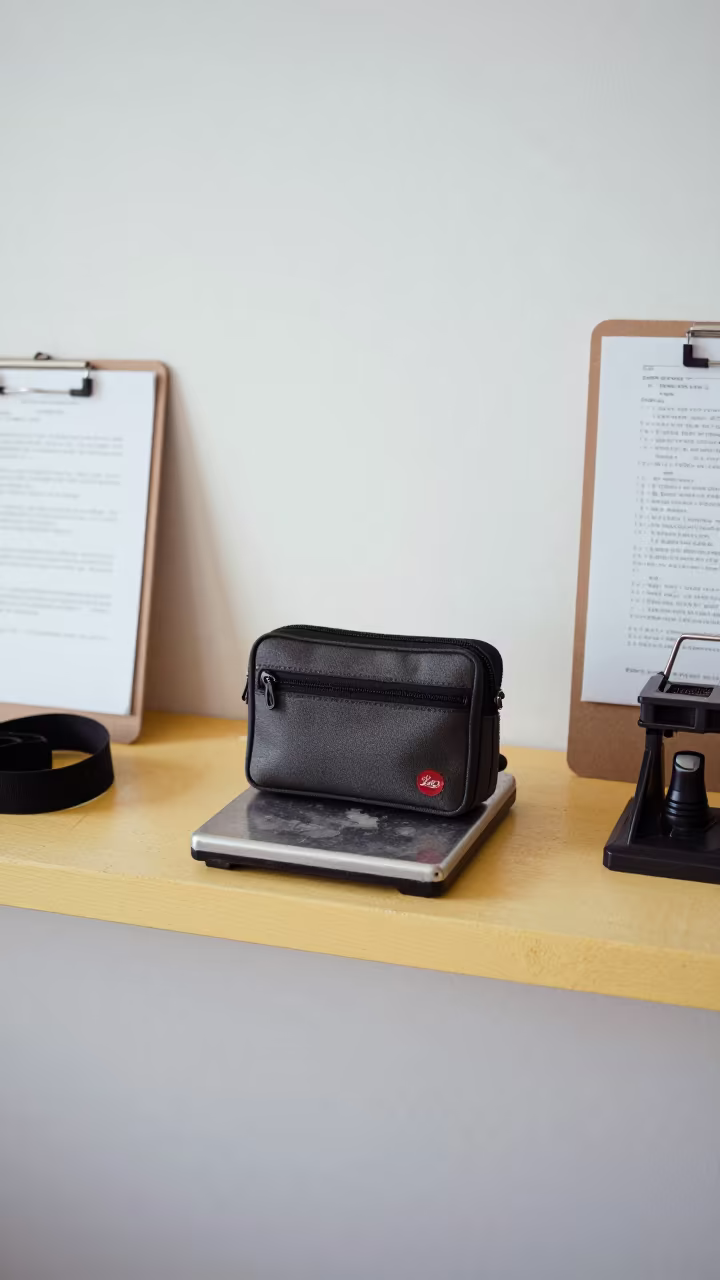 Export Document Pouch Scale on Fuzhou Dock Display in on a painted display ledge in Fuzhou