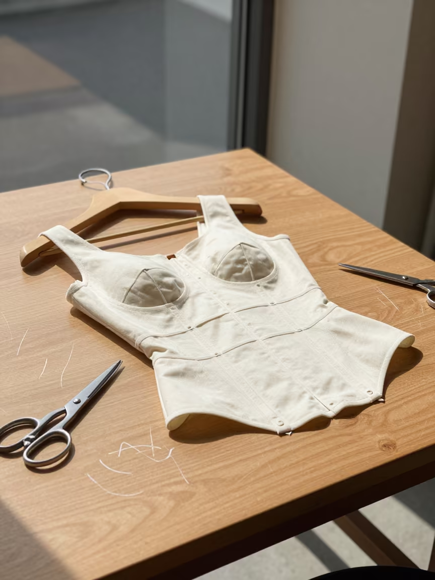 Exposed Boning Couture Bodice Tailoring Sendai in at a tailoring table strewn with chalk and shears near Sendai