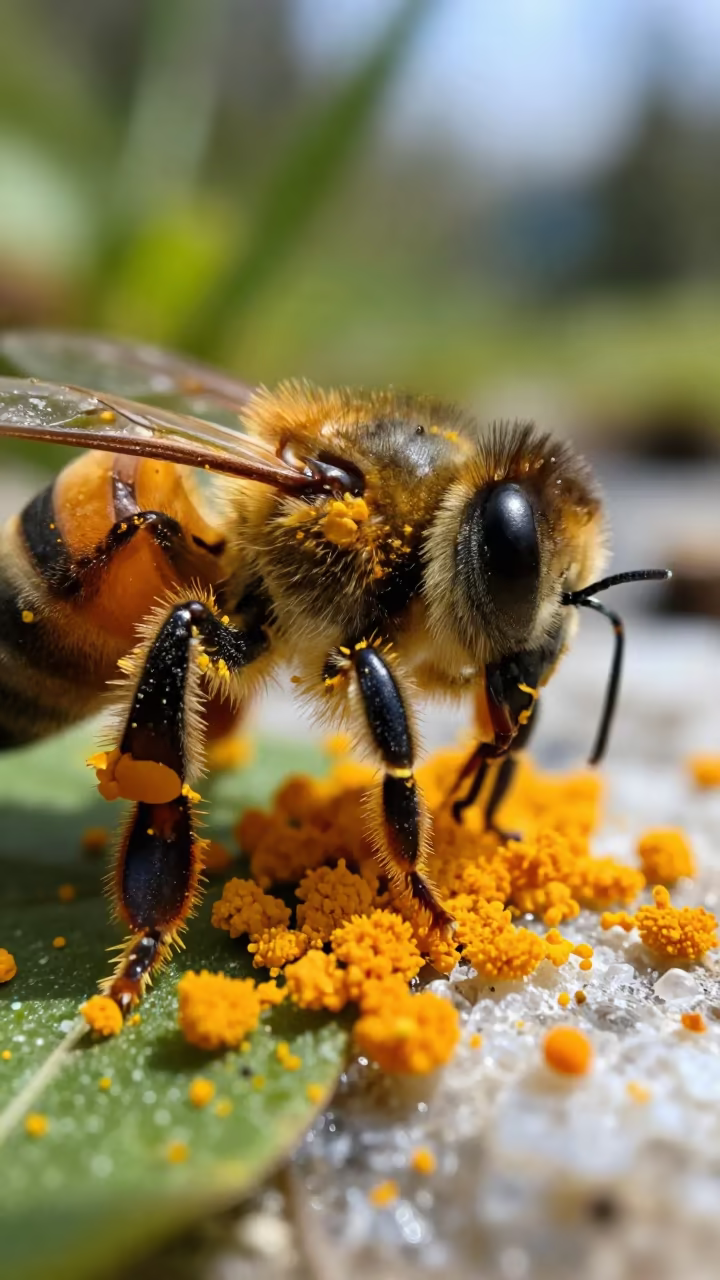 Extreme Close-Up of Pollen Grain Texture on Bee Leg in above a glacial stream near Tychy