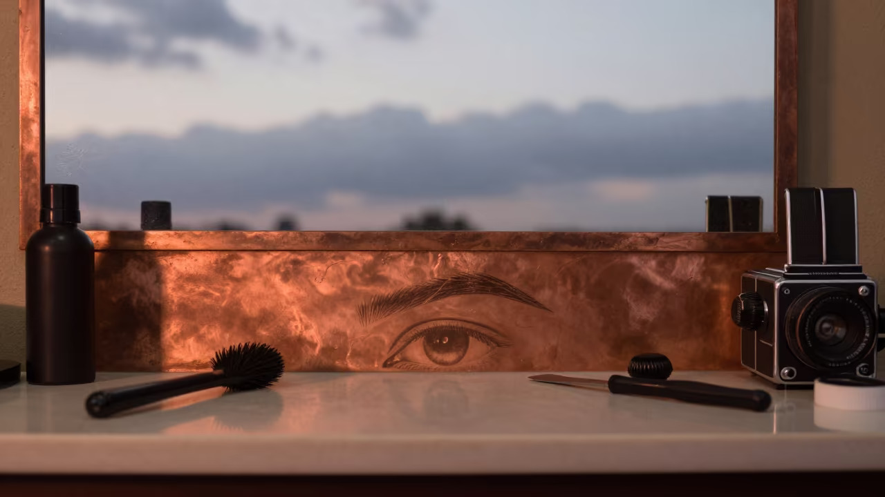 Eyebrow stencil file in copper dusk light in in the old quarter in Newtown, Johannesburg