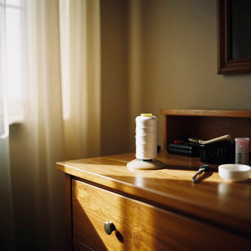 Eyebrow Thread Spool on Hotel Dresser in on a hotel dresser near El Mahalla El Kubra