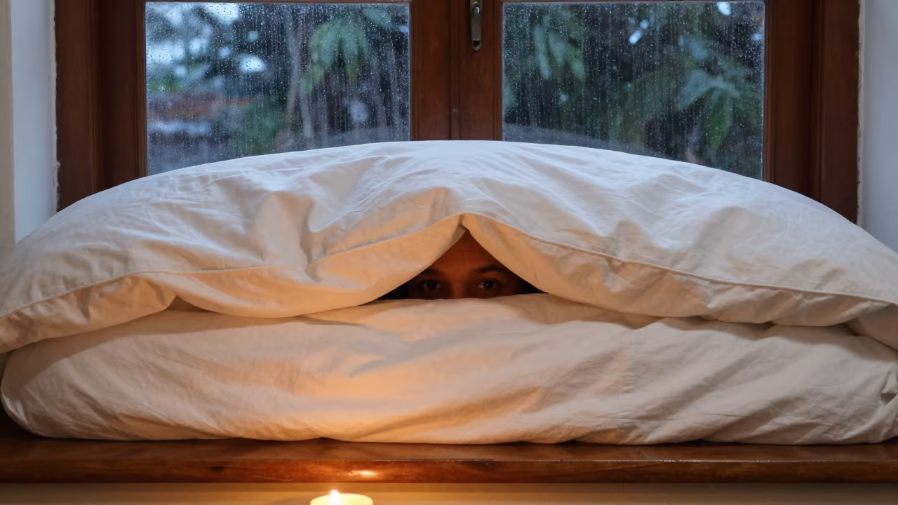 Eyes Peeking from Duvet on Antananarivo Window Seat in on a window seat in Antananarivo