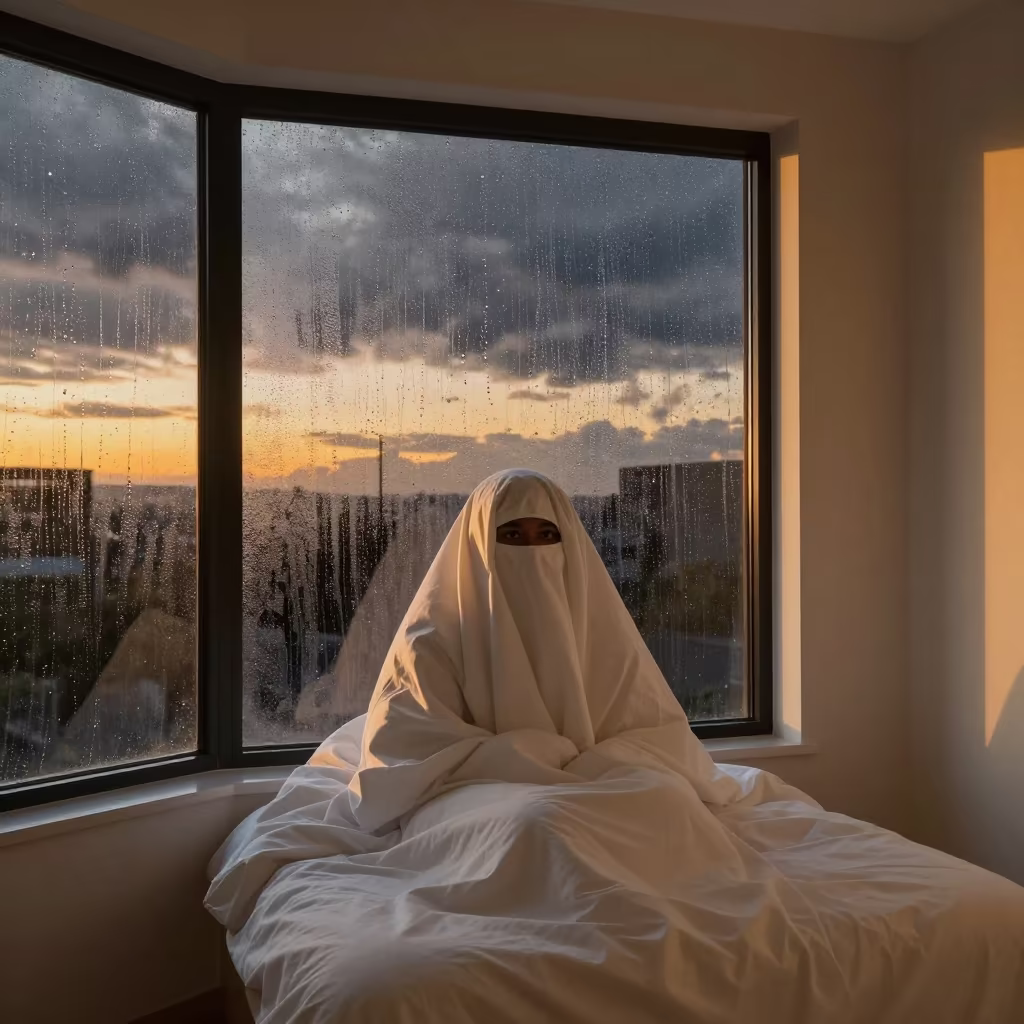 Eyes Peeking Through Duvet in Mbabane Window in beside a rain-streaked window in Mbabane