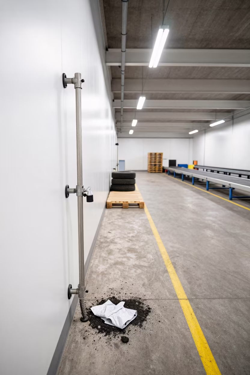 Eyewash Tag Rail in Gdynia Distribution Center Aisle in inside a distribution center pick aisle near Gdynia