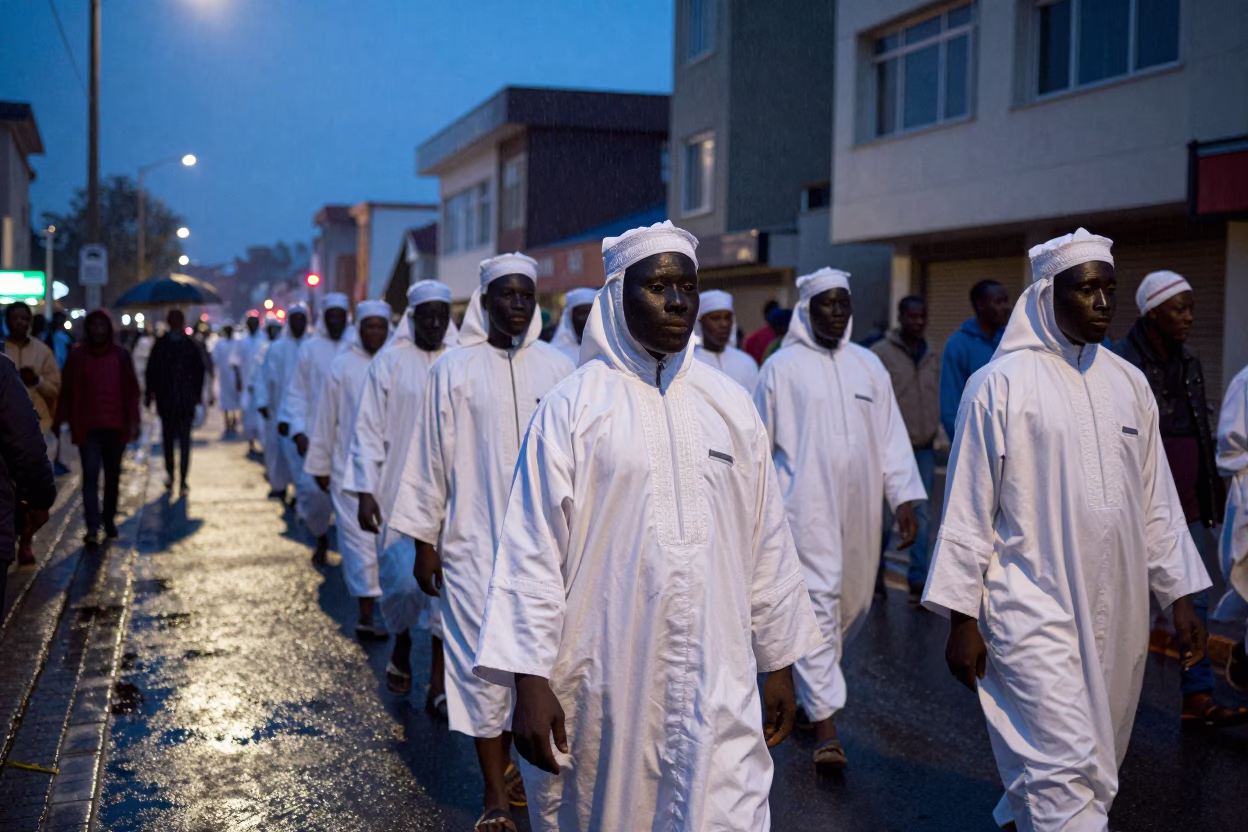 Eyo Festival Masquerades in Beijing Winter Drizzle in at a festival street procession in Houhai, Beijing