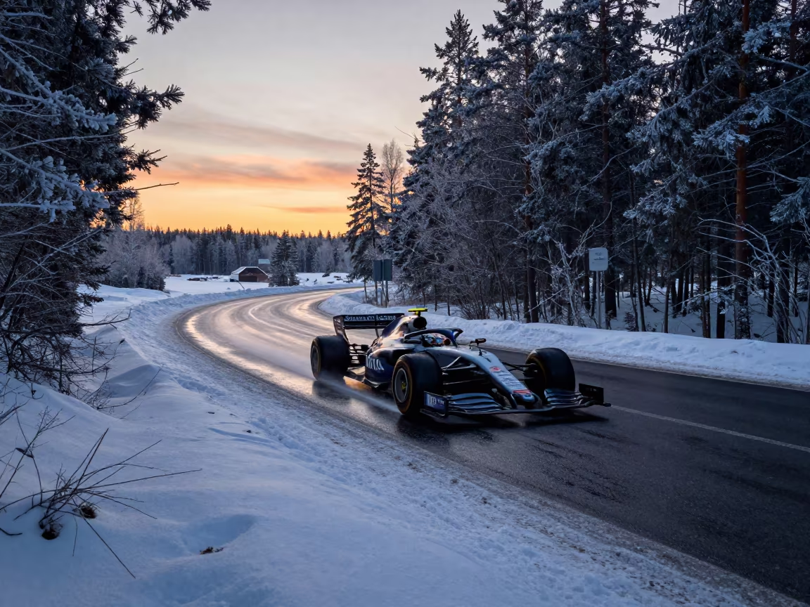 F1 Car on Wet Swedish Winter Apex in along a switchback approach in Sweden