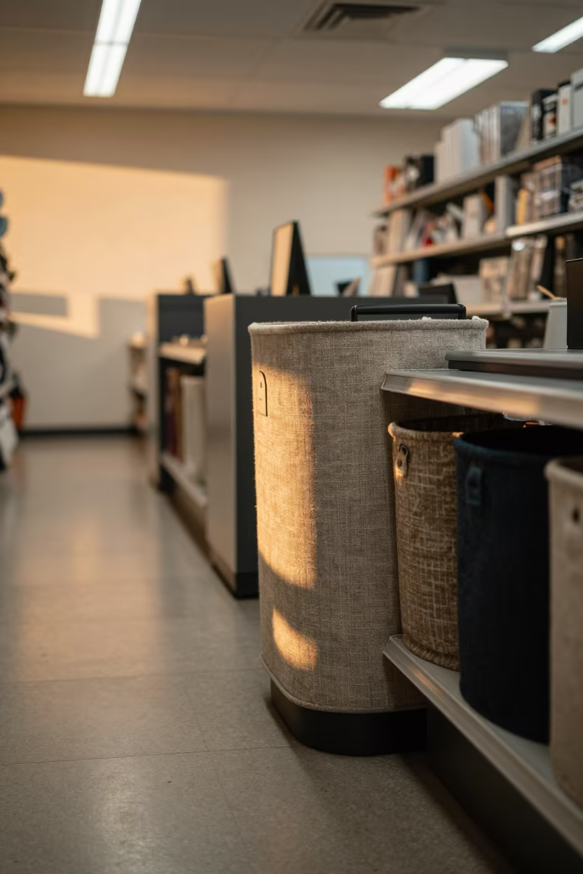 Fabric Bin at Checkout During Golden Hour Reset in at a checkout lane under flat store light near Naples
