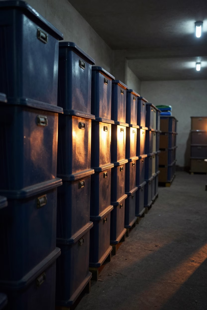 Fabric Bins in Ahmedabad Stockroom Before Dawn in inside a stockroom behind the sales floor near Ahmedabad
