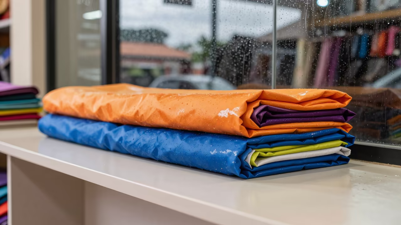 Fabric Bolt Bin Checkout Kampala Midday Rain in at a checkout lane under flat store light in Kampala