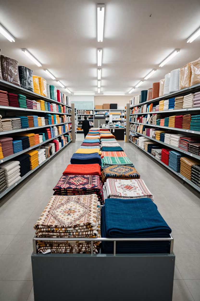 Fabric Bolt Bin in Kufa Checkout Lane in at a checkout lane under flat store light in Kufa