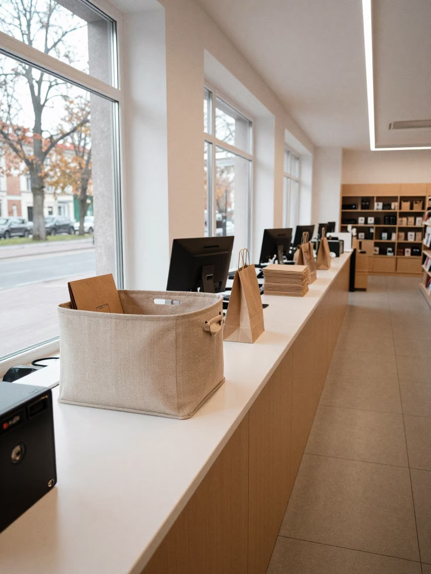 Fabric Bolt Bin at Vilnius Cash Wrap Counter in at a cash wrap counter with bags stacked nearby near Vilnius