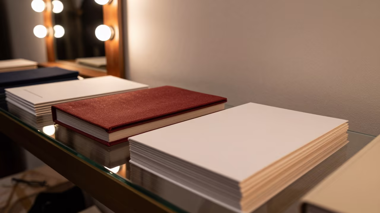 Fabric Books and Invitations on Fashion Table in beside a mirror lined with makeup bulbs in Mitte, Berlin