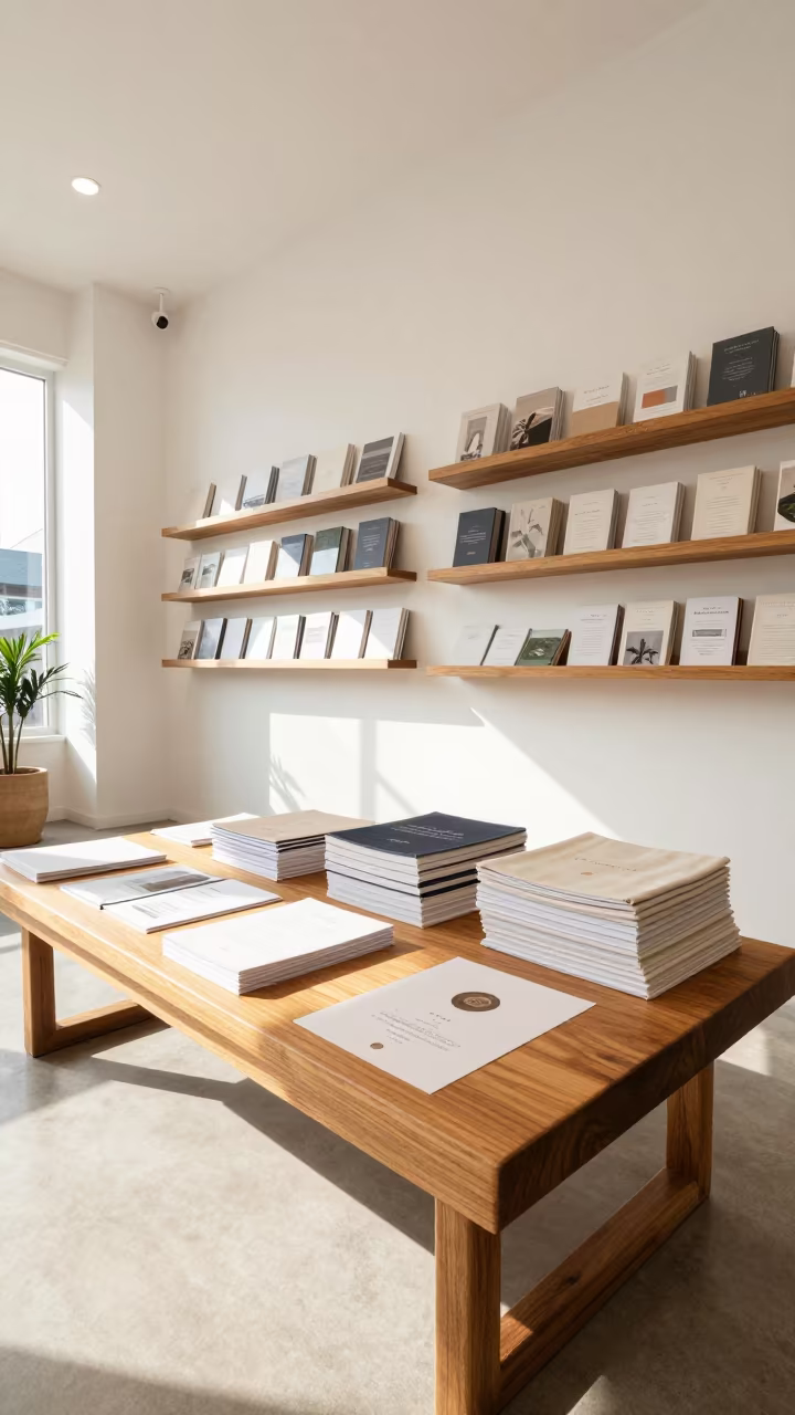 Fabric Books on Minimalist Showroom Table in inside a minimalist showroom near Negombo