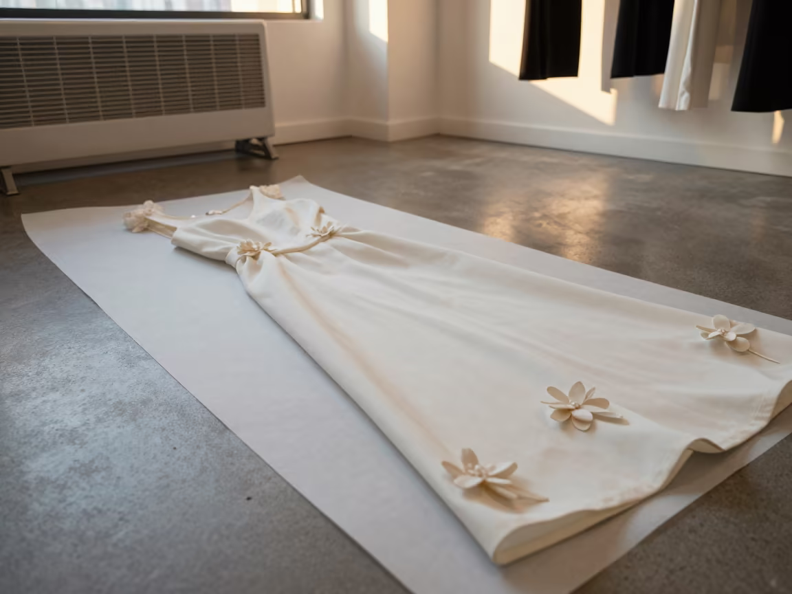 Fabric Flower Appliques Drying by Heater in inside a minimalist showroom near Astoria, New York