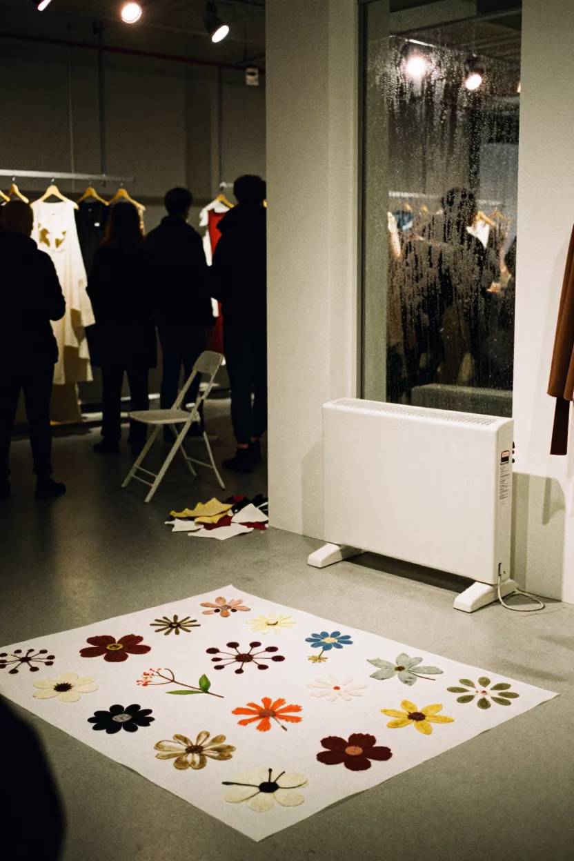 Fabric Flowers Drying on Parchment Near Heater in inside a minimalist showroom in Monastir