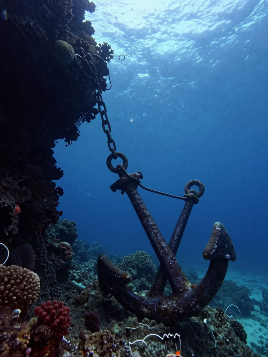 Fabric Metal Anchor Drapes Over Volcanic Reef in beside a volcanic reef overhang near Denpasar