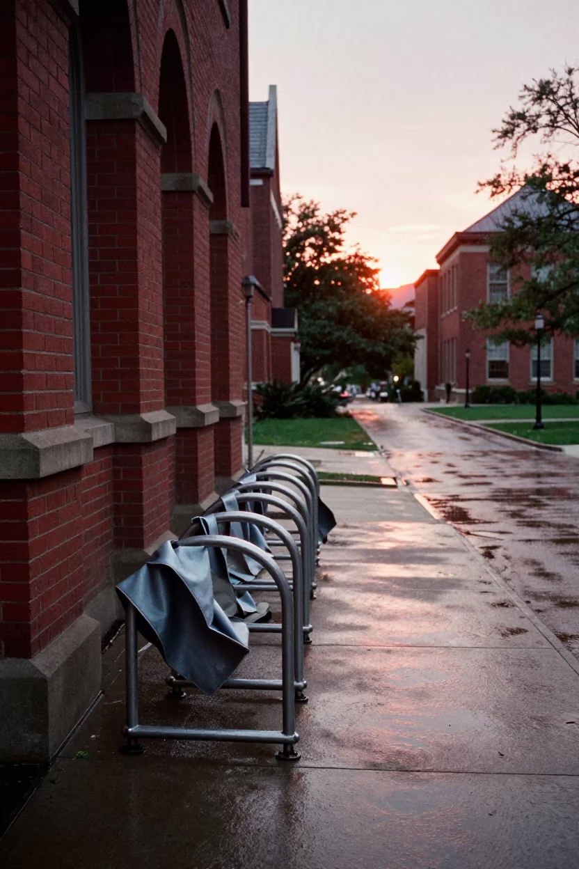 Fabric Metal Bike Rack Sunset Cloister in beneath a university cloister near Baltimore