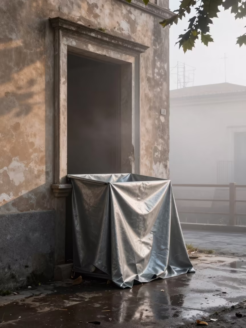 Fabric Metal Bin in Campanian Mist in beside a framed building shell in Campania