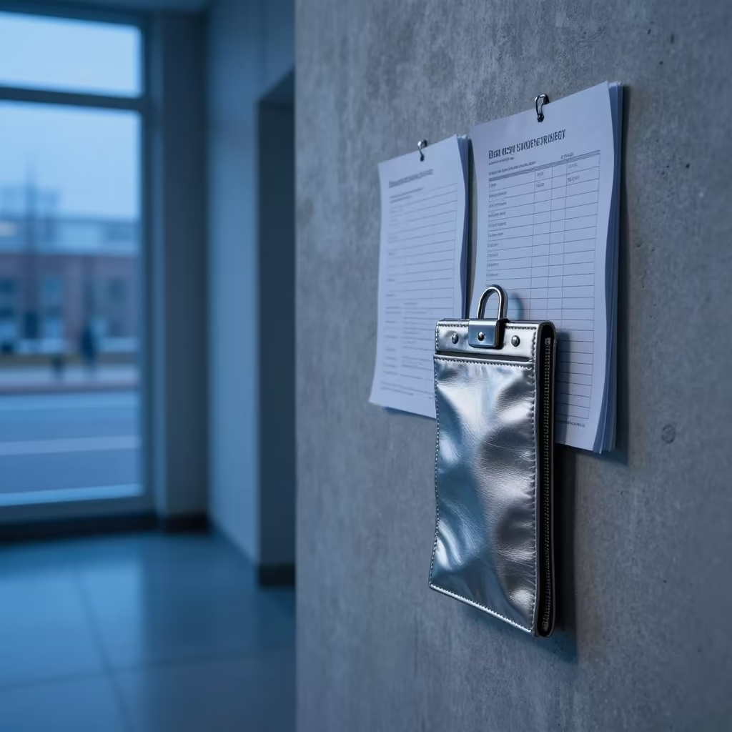 Fabric Metal Lockout Wallet in Twilight Corridor in in a quiet guest corridor in Ekibastuz