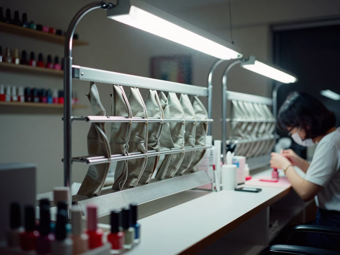 Fabric Metal Nail Polish Rack Night Tokyo in inside a nail studio in Odaiba, Tokyo