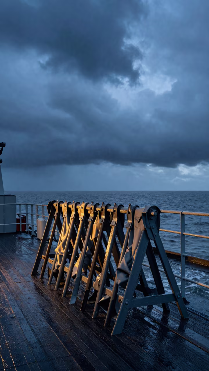 Fabric Metal Rack on Naval Deck at Blue Hour in on a naval deck in rough wind near Awka