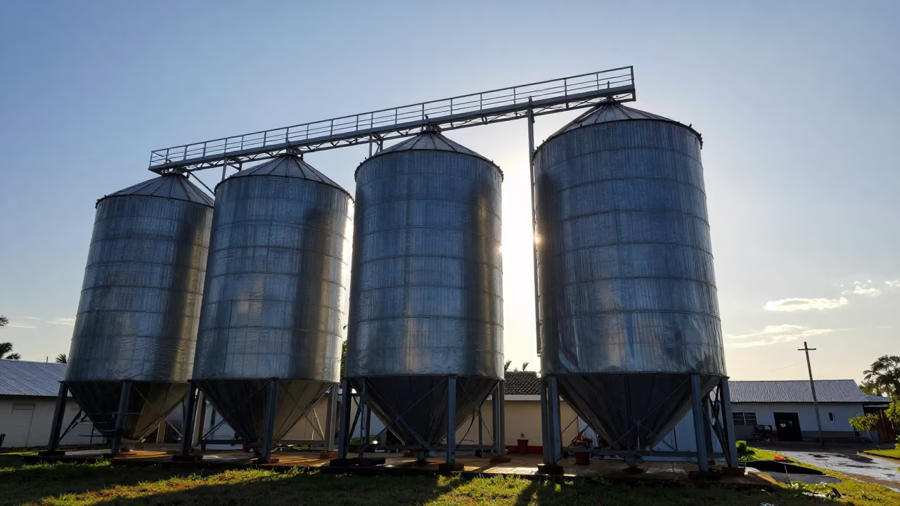 Fabric Metal Silo Home Guyana Golden Hour in under gantries and utility towers in Guyana