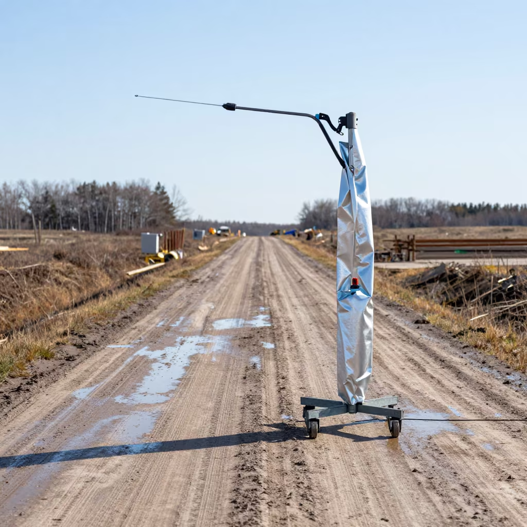 Fabric Metal Sprayer Stand Saskatchewan Mud in at a muddy site access road in Saskatchewan