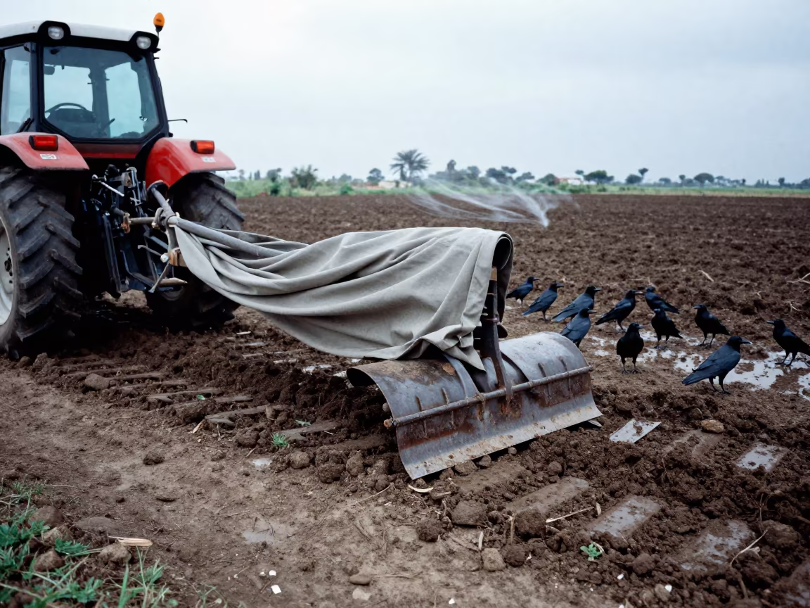 Fabric-Plow in Hargeisa Field After Rain in beside a tractor track through dark soil in Hargeisa