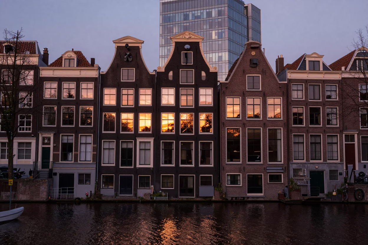 Facade Reflected in Amsterdam at Copper-toned Light Before Dusk in in Amsterdam, Netherlands